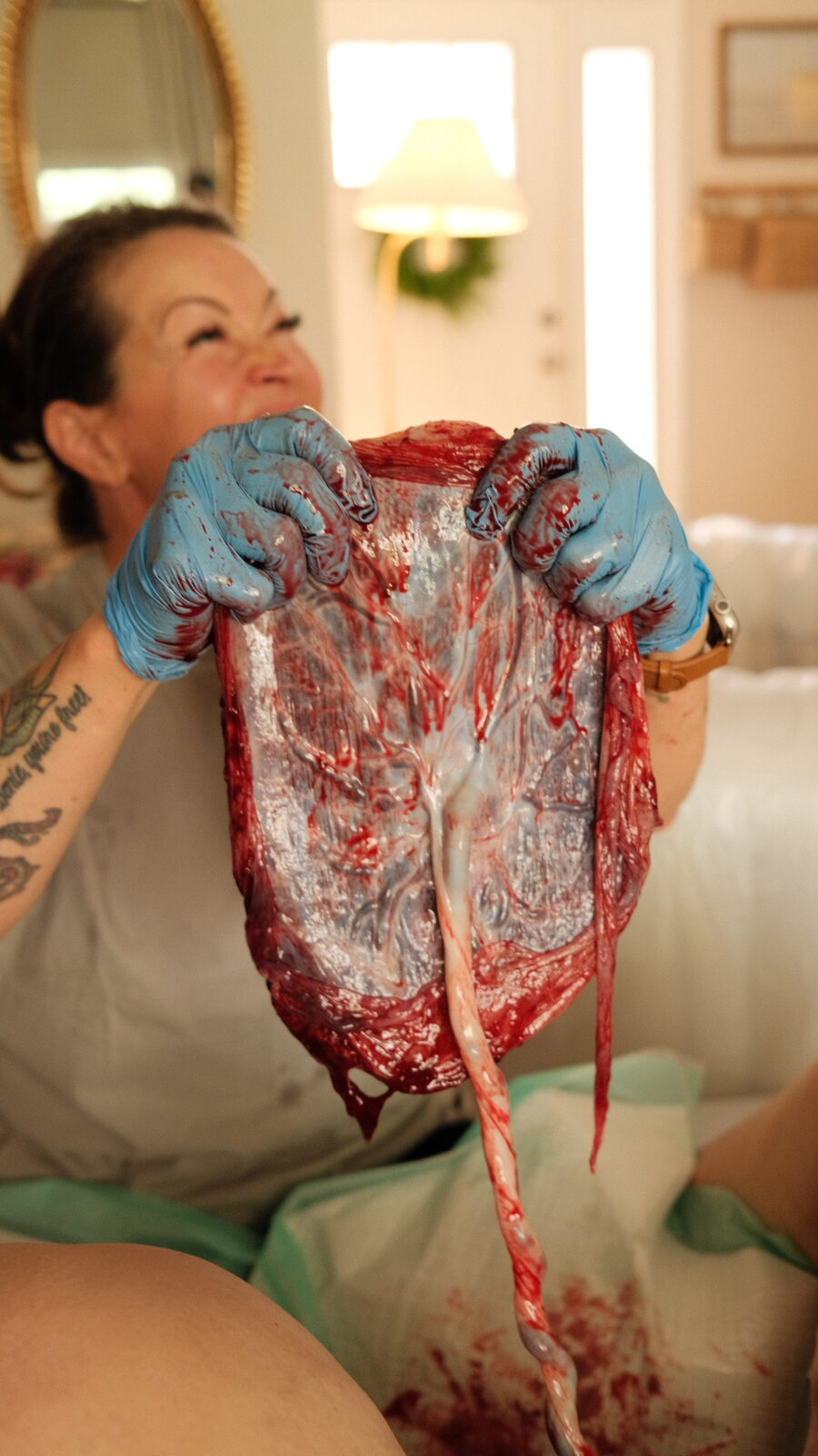 Rhonda showing the placenta after birth